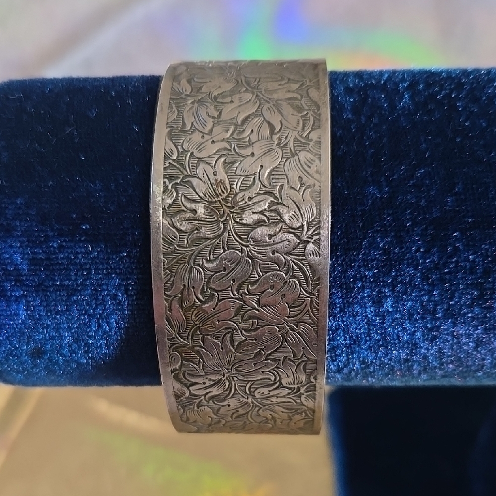 Vintage Floral Engraved Pewter Cuff